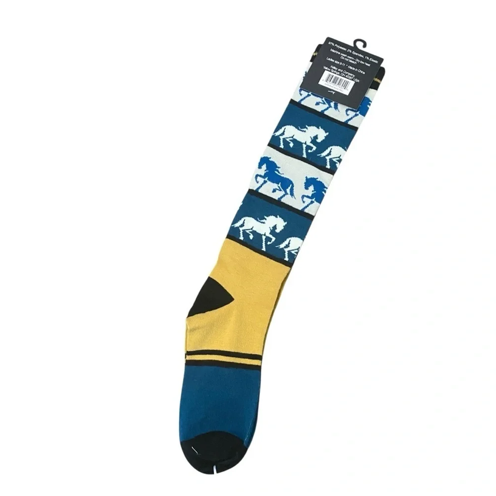 NWT Kelley and Company Yellow and Blue Bold Horse Tall Socks Ladies 9-11